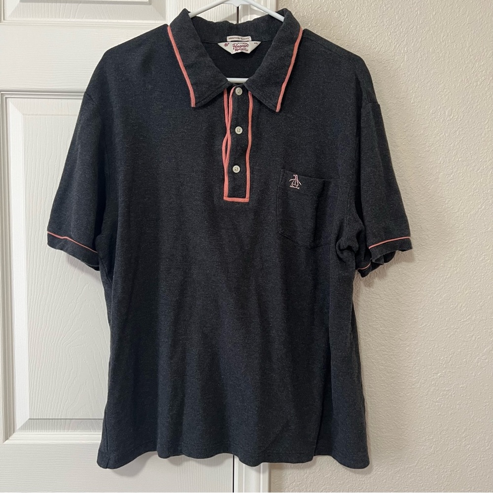 Original Penguin Men's Dark Gray Polo Shirt with Pink Piping Detail